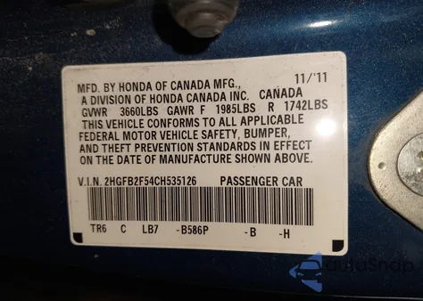 2012 Honda Civic Lx from USA, damaged, VIN 2HGFB2F54CH535126
